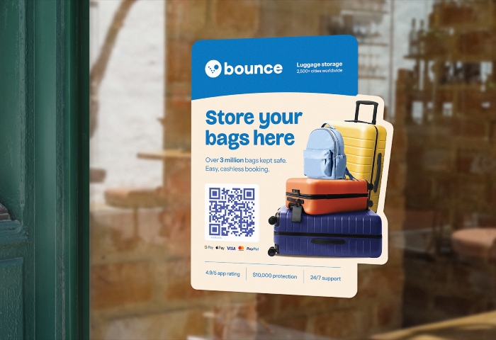 Bounce luggage storage in Incheon, South Korea. Sign on glass door with suitcases and backpack. Safe, cashless booking. Gay travel advice.