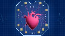 Illustration of the new heart-on-a-chip depicting a pink heart in the middle of a chip against a blue background