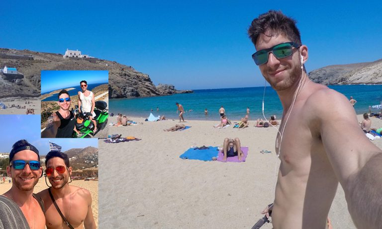 Gay Mykonos travel guide by Felipe & Allan: collage of beach scenes, gay couple selfies, and a man on a motorcycle. Mykonos gay capital.