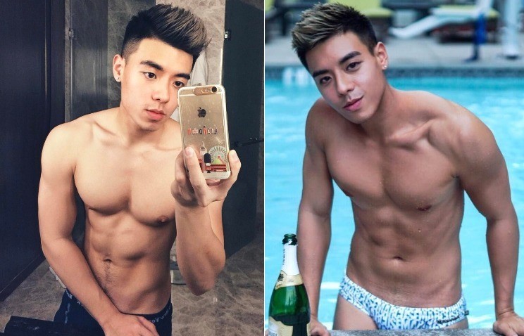Gay Guide Hong Kong: Two shirtless Asian men. One takes a selfie, the other's in a pool with champagne. Travel advice for gay men.