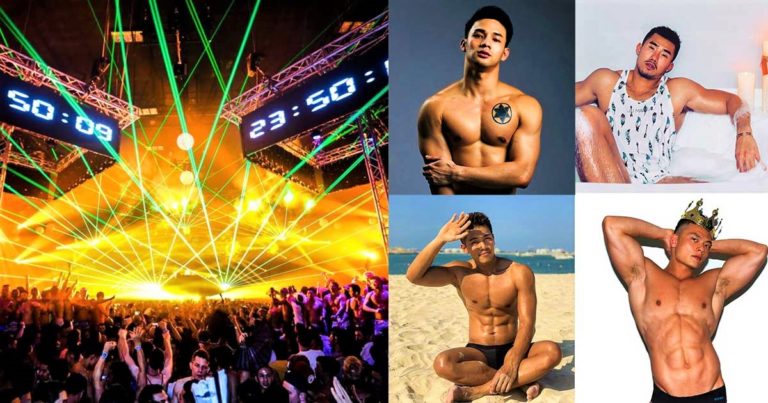 Bangkok's Biggest Gay New Year White Party at the Ambassadors. Muscular Asian men and a countdown clock at a crowded dance party.