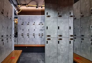 Krubb Bangkok lockers. Lockers in a locker room with benches. Krubb is a popular gay sauna in Bangkok, Thailand. Gay travel.