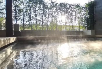 Krubb Bangkok pool view. Steaming water in a pool, sun shining through trees. Gay travel in Bangkok, Thailand. Relaxing vacation.