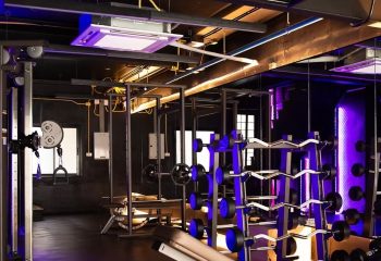 Krubb Bangkok gym. Weight rack with barbells, weight lifting machines. Fitness center with blue lighting. Gay-friendly workout space.