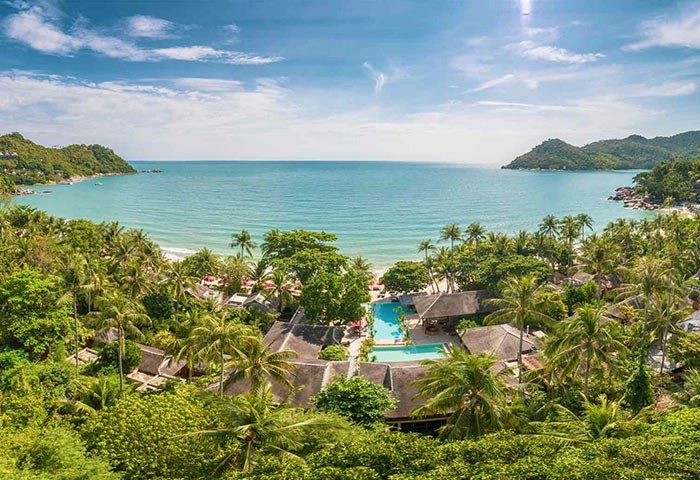 Koh Phangan's Anantara Rasananda Villas, a luxury gay-friendly hotel near the Full Moon Party. Beachfront resort with pool and tropical views.