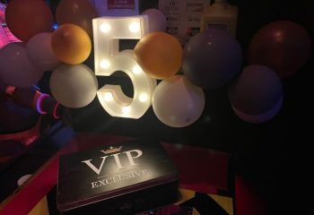 Copper Private Club in Benidorm: VIP box, balloons, and a lit number 5. Gay cruising nightlife in Spain.