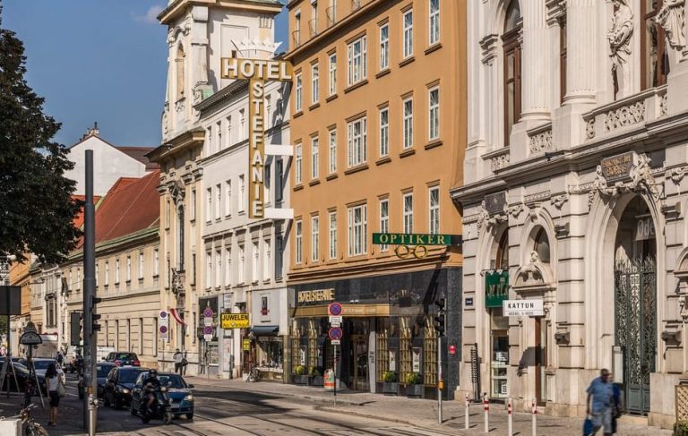 Street view of Vienna's oldest Hotel Stefanie, a top gay-friendly travel destination. Experience Viennese dining.