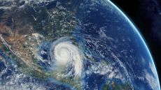 hurricane approaching the American continent visible above the Earth, a view from the satellite.