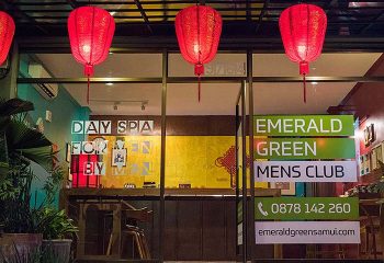 Emerald Green Mens Club in Samui. Gay massage spa entrance with red lanterns. Travel destination for gay men's relaxation.