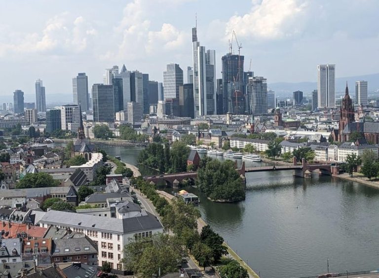 Frankfurt's skyline view from above the Main River. A gay-friendly city tour offers the best experience of Germany's financial hub.