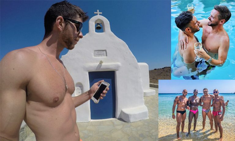 Mykonos gay beach guide: Men at a beach, by a whitewashed church, and in a pool. Gay travel, first-timer itinerary, party guide.