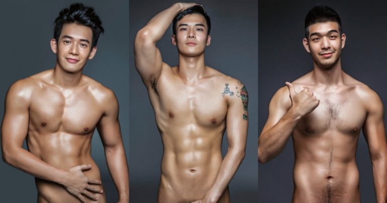 Three shirtless Asian men. Gay travel inspiration. Muscular physiques, one with a tattoo. Travel advice for gay men.