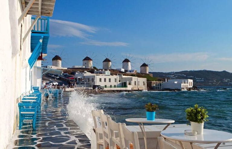 Gay Mykonos highlights tour: Iconic windmills view from a seaside cafe, waves crashing. Beach escape, white buildings, blue accents.