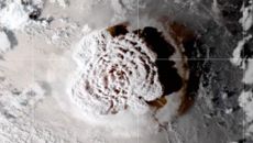 the tonga eruption, with a mushroom formation, as seen from space 