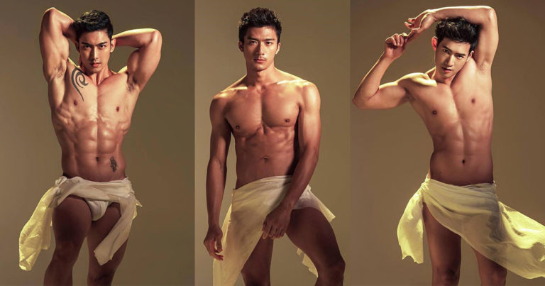 Three shirtless, muscular Asian men in white wraps, calendar 2019. Hot body, abs, pecs. Gay travel inspiration. Male physique.