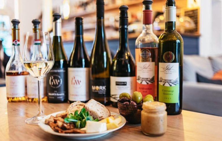 Hungarian wine tasting: seven wine bottles with tapas, olives, and cheese. Gay travel advice for Budapest wine bars and Hungarian wines.