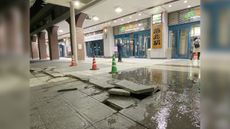 A magnitude-7.3 earthquake just hit Fukushima, with damaged pavement blocks on the ground in front of JR Fukushima Station, shown here on March 17, 2022.