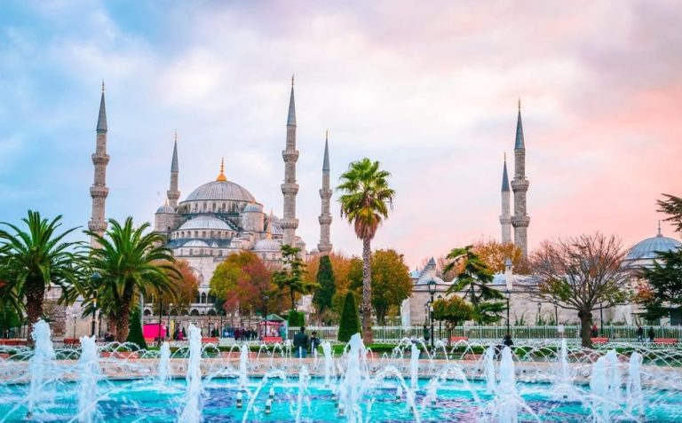 Istanbul's Blue Mosque & Hagia Sophia tour, VIP entry. Fountain view of the historic mosque, a must-see for gay men traveling.