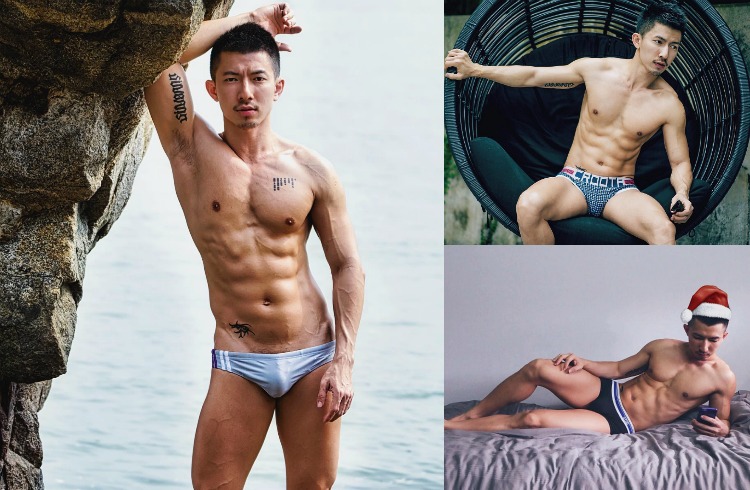 Collage of fit Asian men in swimwear, part of a gay travel guide to Singapore. Men are posing, showcasing physique. Singapore gay travel.