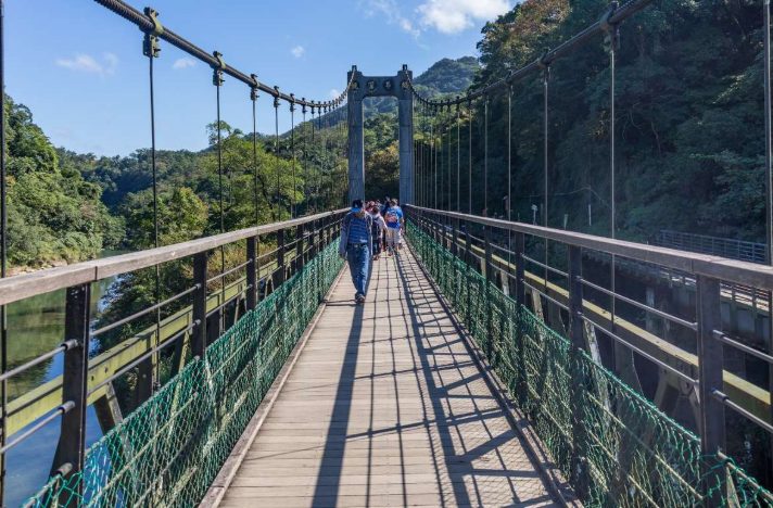 Shifen Day Tour: Suspension bridge view. People walk on a wooden bridge with green netting and railings, surrounded by lush trees. Taiwan gay travel.