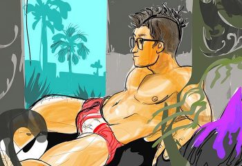 Kakiku Sauna Kuala Lumpur illustration. Gay sauna spa art featuring a man in swimwear relaxing at a tropical-themed spa. Gay travel.