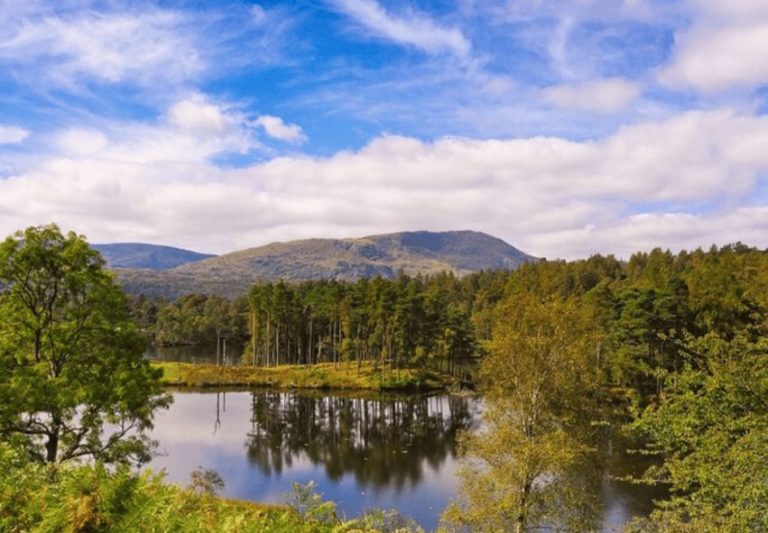 Lake District escape: Scenic view of a lake reflecting trees and mountains under a blue sky with clouds. Storybook scenery.