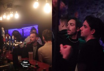 Les Souffleurs: Gay men at a bar. Two panels show men at a dimly lit bar, with bright lights overhead. Gay travel advice. LesSouffleurs.jpg