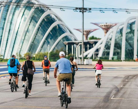 Lion City Highlights Bike Tour: Group cycling past Gardens by the Bay, Singapore. Gay travel adventure with iconic landmarks.