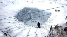 A person stands on the edge of the Yamal crater. The crater is covered in snow. There are arrows on the picture showing the width of the crater.