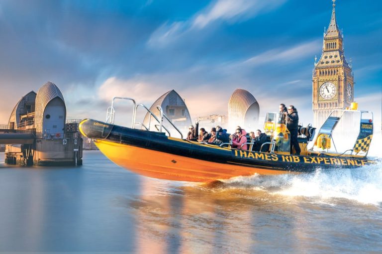 London Speed Boat Tour: Thames RIB Experience with Big Ben in the background. High-speed ride to the Barrier for gay travelers.