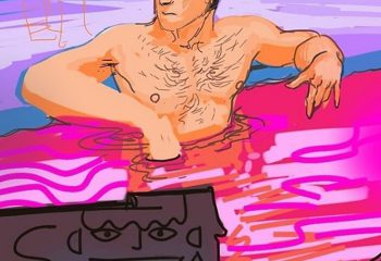 Illustration of a man in a bath at Mun Hwa Sauna, a popular gay bathhouse near gay bars in Seoul. Gay travel advice.