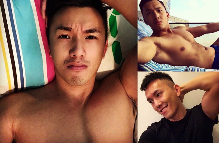Collage of Travis, from Online Travel Guide to Gay Hong Kong, shirtless. He's a handsome Asian man, promoting gay travel to Hong Kong.