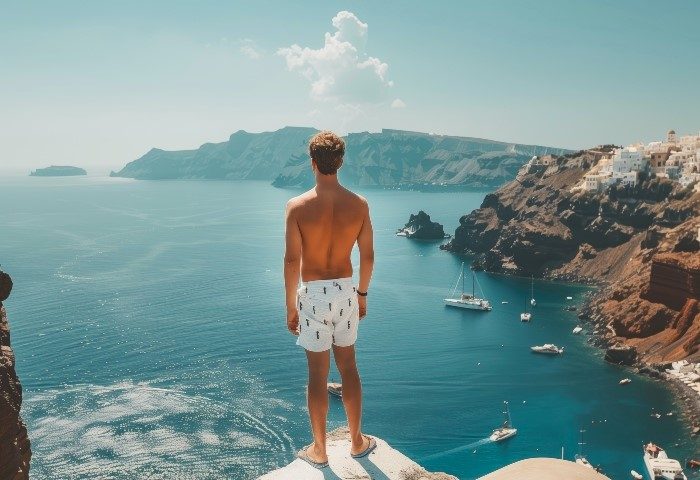 Gay Santorini travel: man on vacation overlooking the sea. Visiting locations around the world. Santorini travel guide.