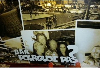 Vintage photos at Pourquoi Pas gay bar, Torremolinos. Images include the bar's sign, people, and a swimming pool scene, reflecting its history.