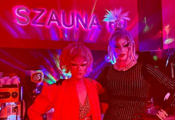 Drag queens at Szuna Sauna 69, Budapest. Gay sauna known for its parties. Nightlife in Hungary's capital. Gay travel destination.