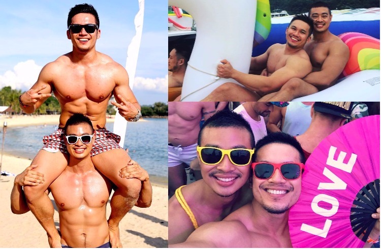 Super-Cute Instagram Gay Couple Nono and Elvin collage. Two shirtless gay men on beach, one on shoulders. Gay travel advice content.