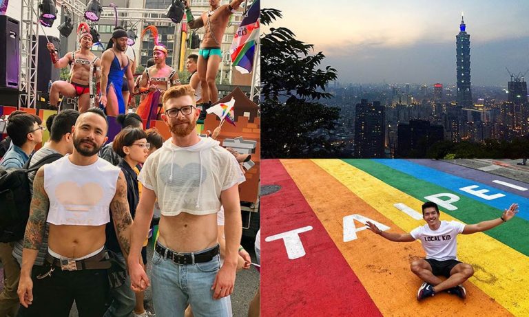 Taipei Gay Pride collage. Men at parade, rainbow crosswalk, and Taipei 101 view. Travel advice & event schedules for gay men in Taiwan.