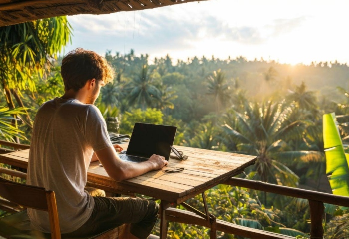 Gay digital nomad working remotely with a laptop. Lush jungle view. eSIM essential for travel. Popular choice for gay men.