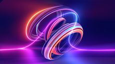 Illustration of multi-colored light spirals in front of a purple and blue background