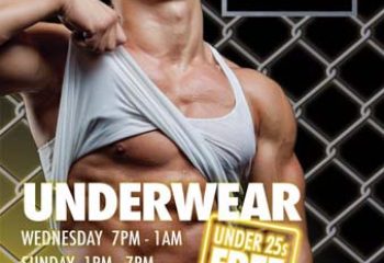 Vault 139 Gay Club London poster. Muscular man in underwear, promoting underwear night. Gay travel advice, gay nightlife.
