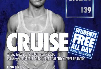 Vault 139 gay club London promo. Cruise night, students free, all day Tuesday. Gay travel advice for London's nightlife. Gay bar.