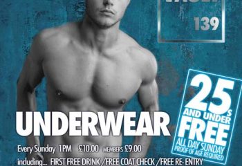 Vault 139 Gay Club London promo image. Shirtless man in underwear. Under 25s free all day Sunday. Gay nightlife travel advice.