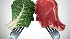 An image of a piece of lettuce on one fork and a piece of meat on the other. The pieces of food are manipulated to resemble the profiles of two faces.