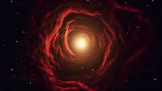 An illustration of a red spiral tunnel in space with a bright light at the end